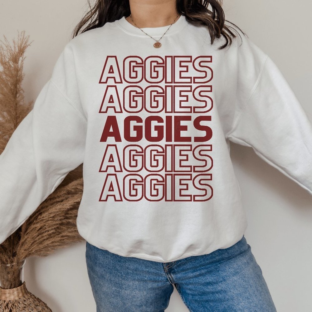 Maroon Aggies Outline White Sweatshirt